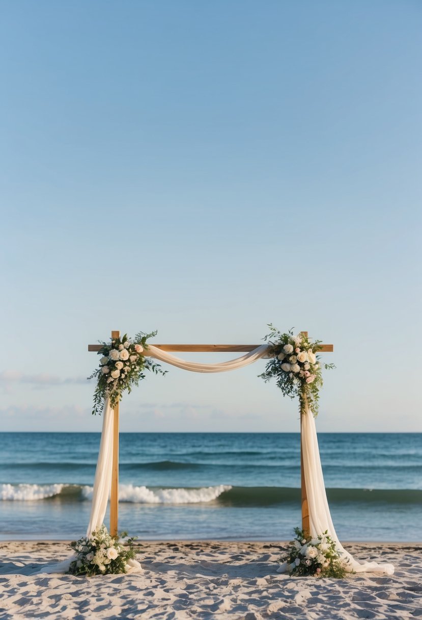 A simple beachside altar with draped fabric and flower arrangements. Gentle waves and a clear blue sky in the background