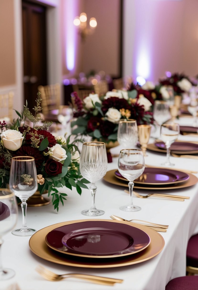 A table set with burgundy and gold dinnerware, elegant glassware, and matching floral centerpieces for a luxurious wedding reception