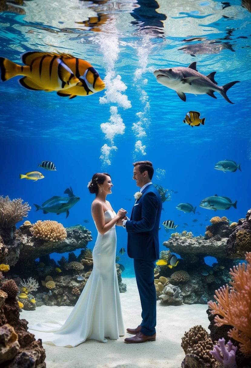 A colorful underwater aquarium scene with a couple exchanging vows surrounded by exotic sea creatures and vibrant coral reefs