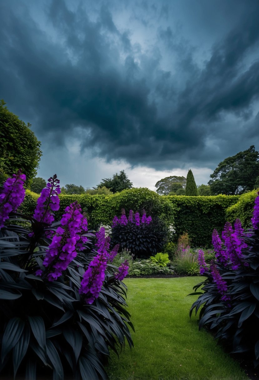 A hauntingly beautiful garden with deep purple flowers and black foliage under a stormy sky