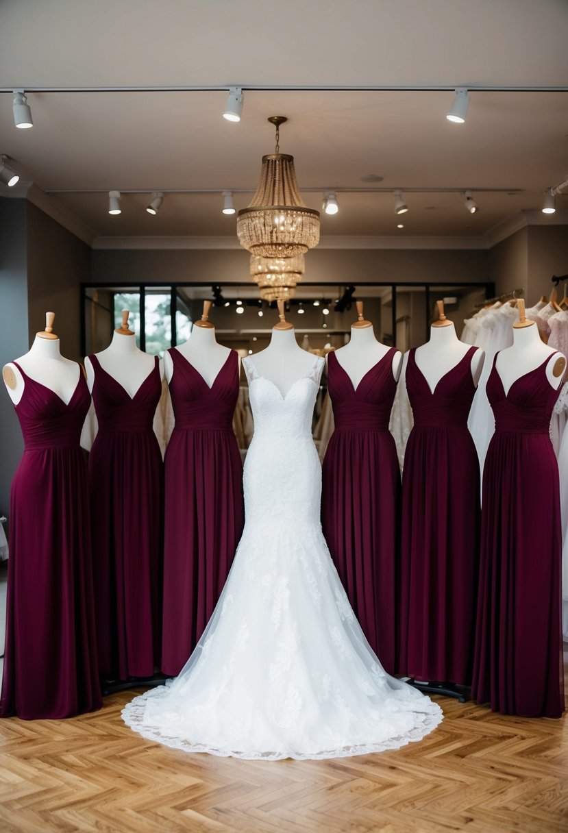 A group of mannequins display burgundy bridesmaid dresses in a chic wedding boutique