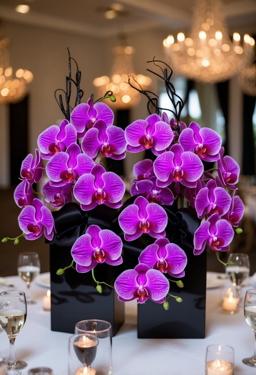 Bouquets of purple orchids arranged with black accents for a wedding centerpiece