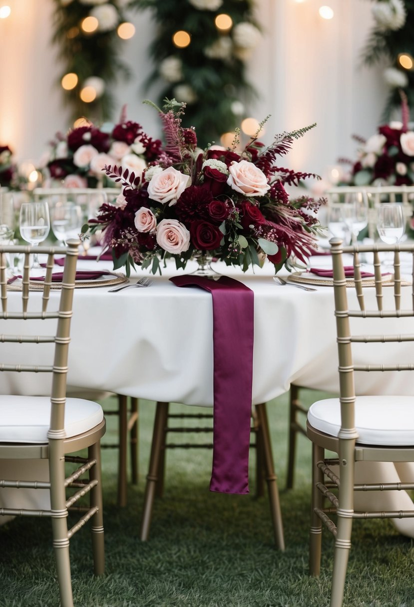 A table adorned with burgundy and blush floral arrangements, set against a backdrop of elegant wedding decor