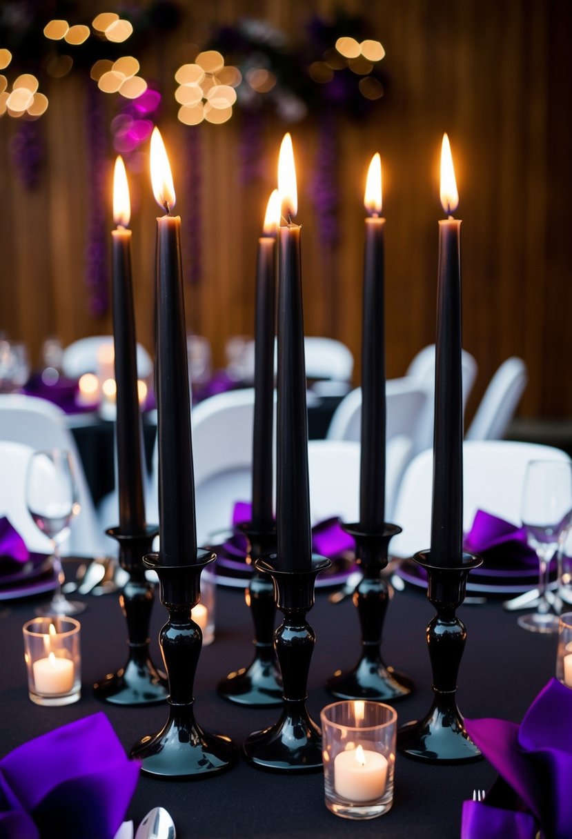 Black tapered candles arranged with purple and black wedding decor