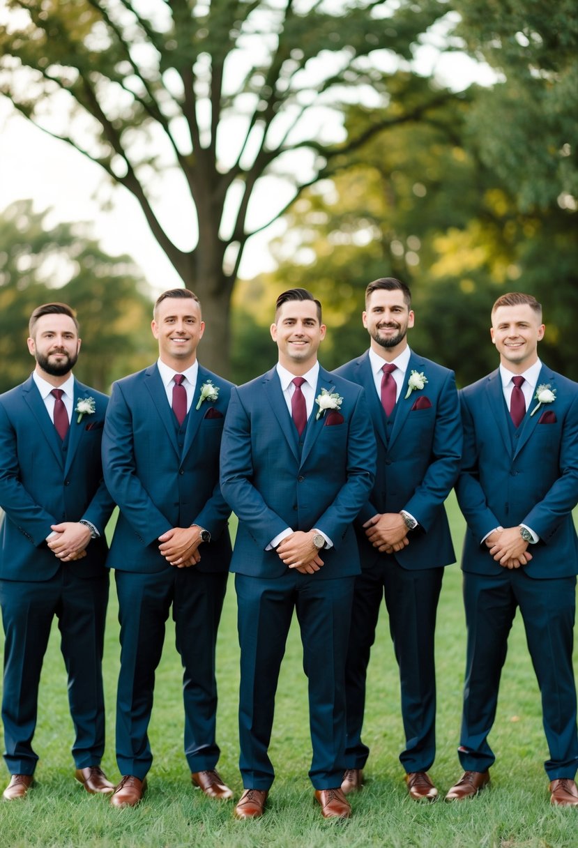 A group of groomsmen wearing wine-colored ties standing together at a wedding