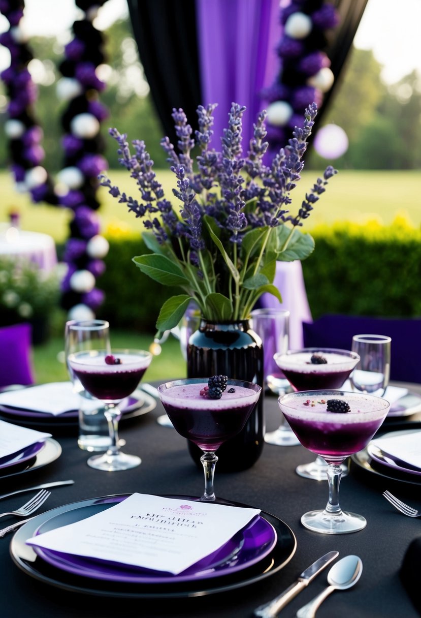 A table set with lavender and blackberry cocktails, surrounded by purple and black wedding decor