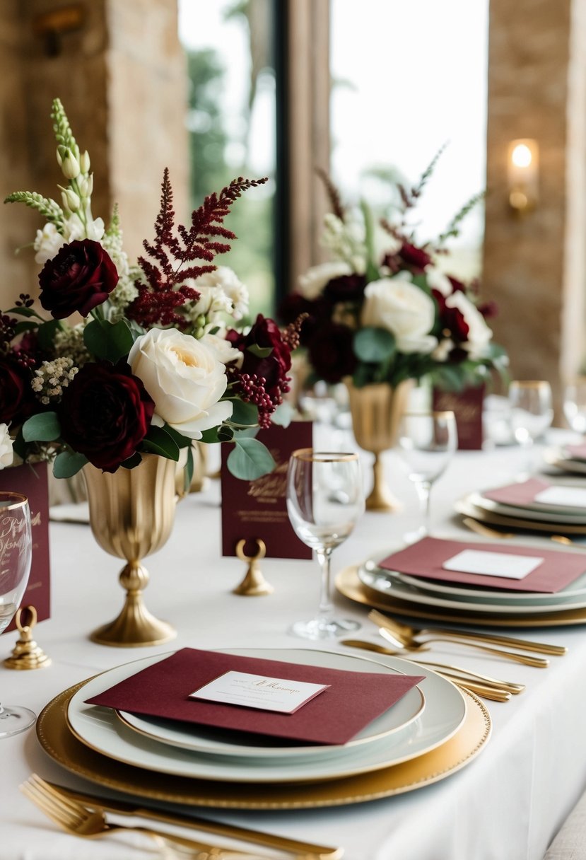 A table set with burgundy wedding invitations, floral arrangements, and elegant decor