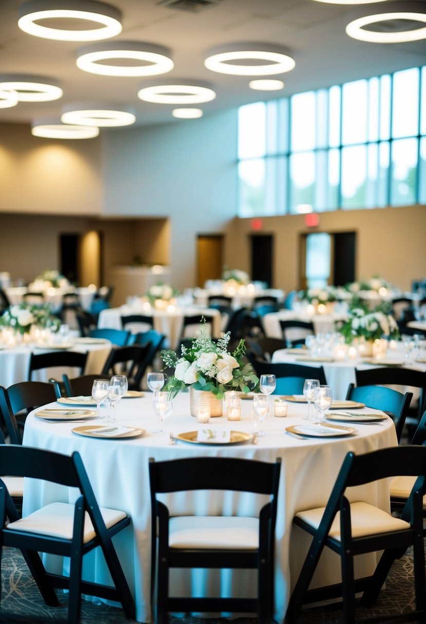 A bustling community center event with tables adorned in simple, budget-friendly wedding decor ideas