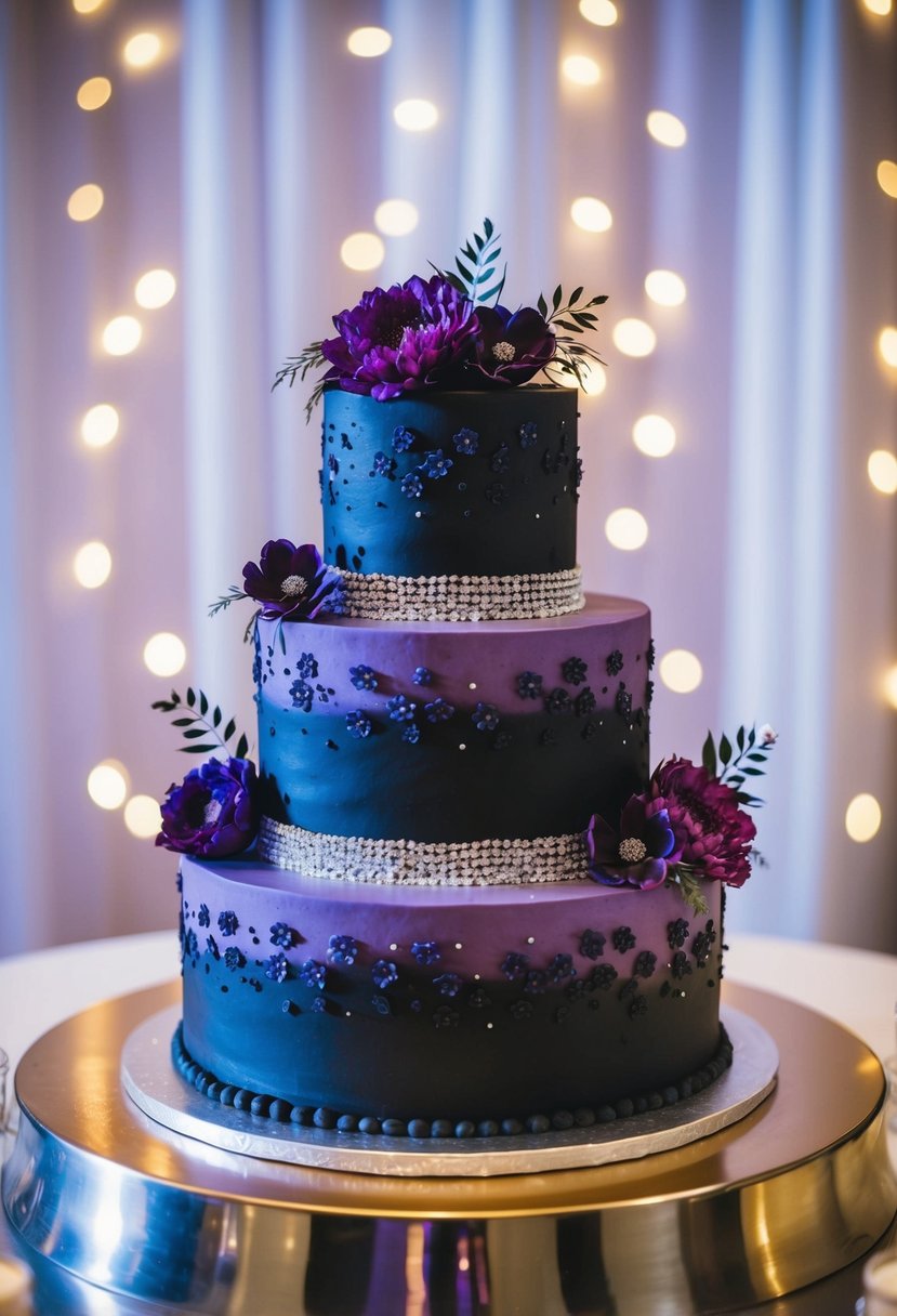 A three-tiered wedding cake with alternating black and purple layers, adorned with intricate floral designs and silver accents