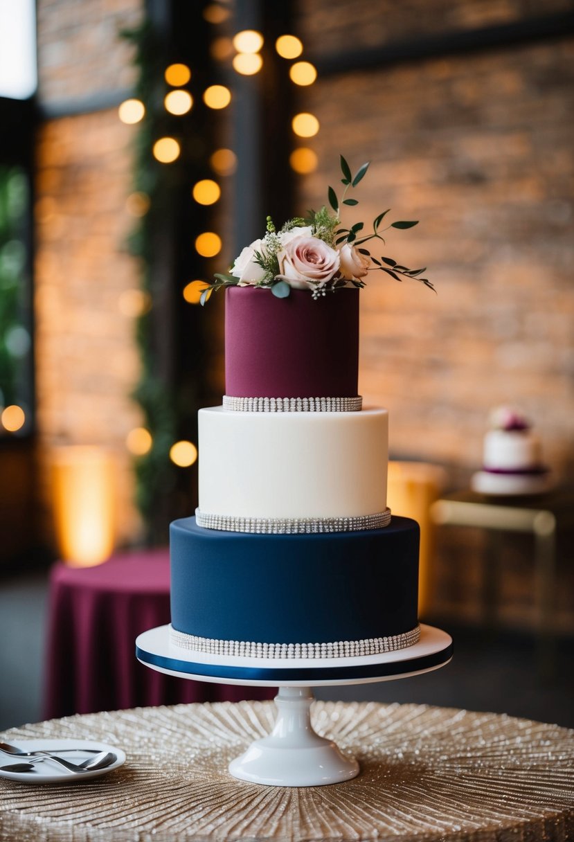 Two-tiered burgundy and navy wedding cakes on a decorated table