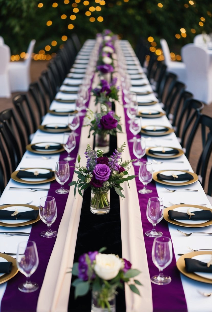 A long table set with plum and onyx runners, adorned with purple and black wedding decor