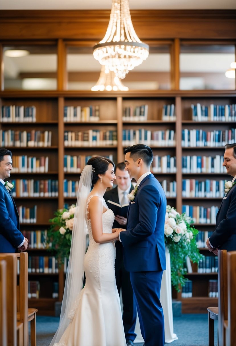 An intimate wedding ceremony in a cozy library setting, with bookshelves as a backdrop and soft lighting creating a romantic atmosphere