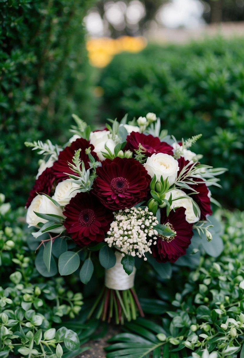 A burgundy bridal bouquet surrounded by lush greenery and delicate white flowers