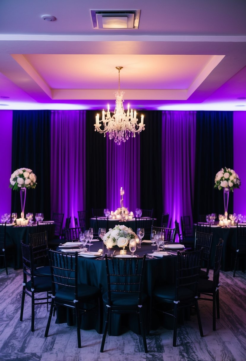 A dimly lit room with violet and black decor, creating an ambiance for a stylish and elegant wedding