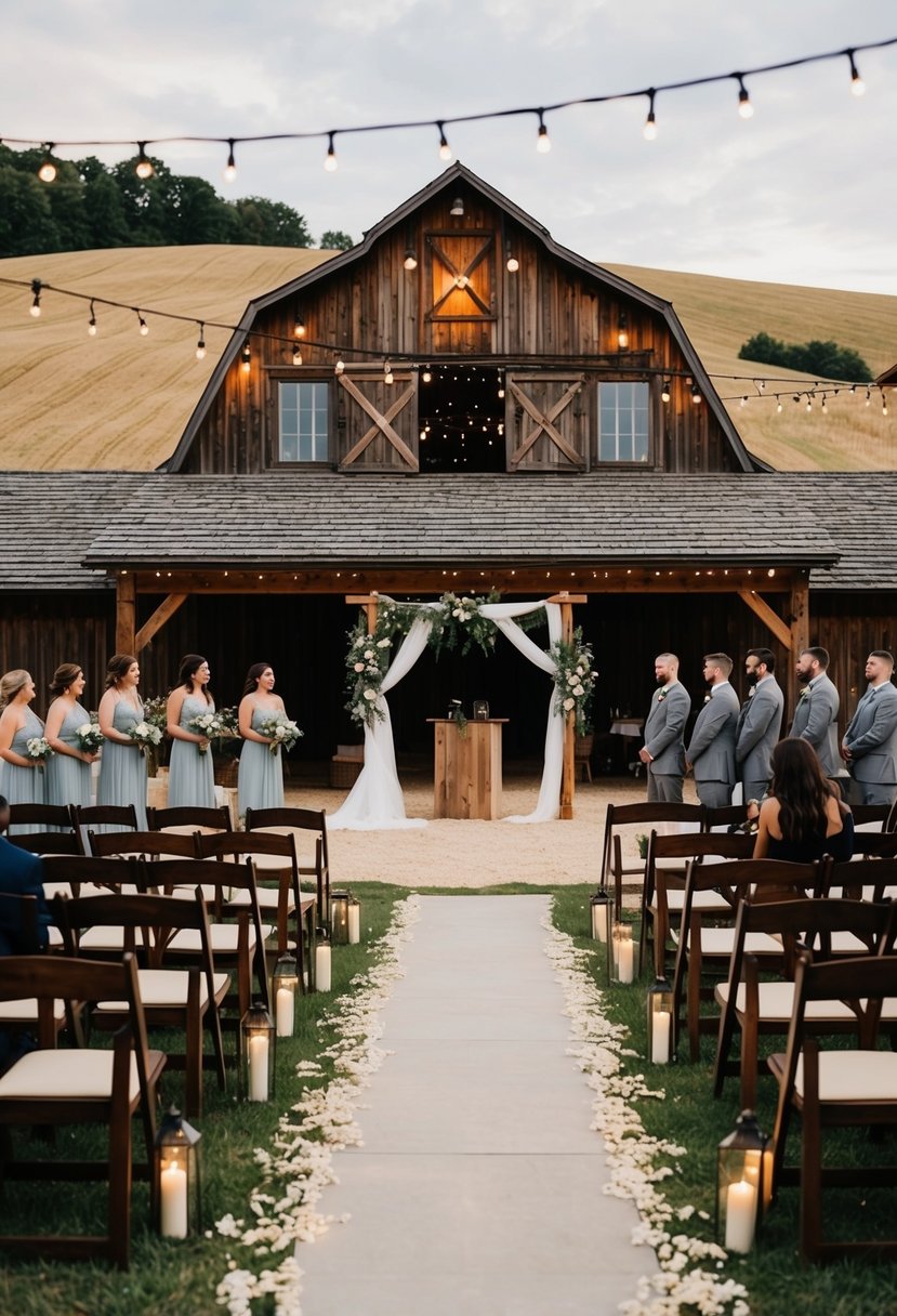 A rustic barn wedding venue surrounded by rolling fields, with a wooden arch for the ceremony and string lights hung from the rafters