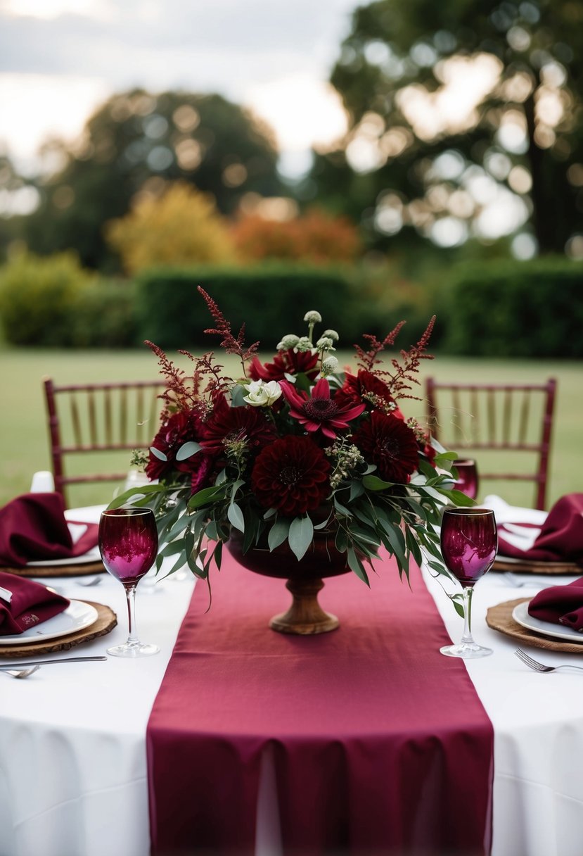 A table set with rustic burgundy centerpieces, featuring deep red flowers and greenery, creating an elegant and romantic atmosphere for a burgundy-themed wedding