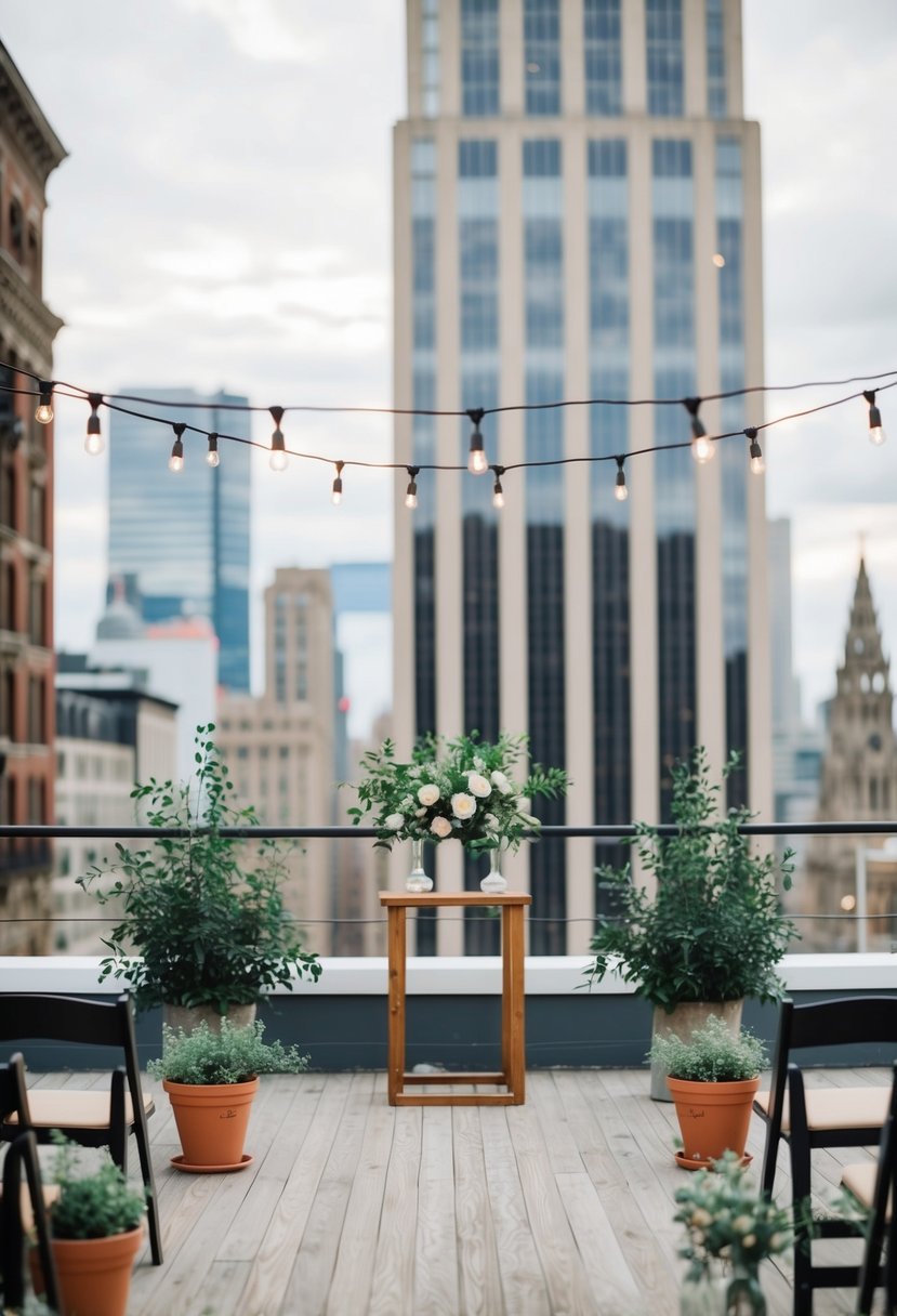 A city rooftop with string lights, potted plants, and a simple altar for a wedding ceremony