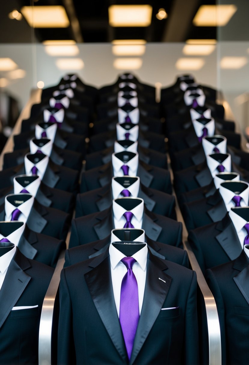 Black tuxedos with purple ties arranged on a sleek display