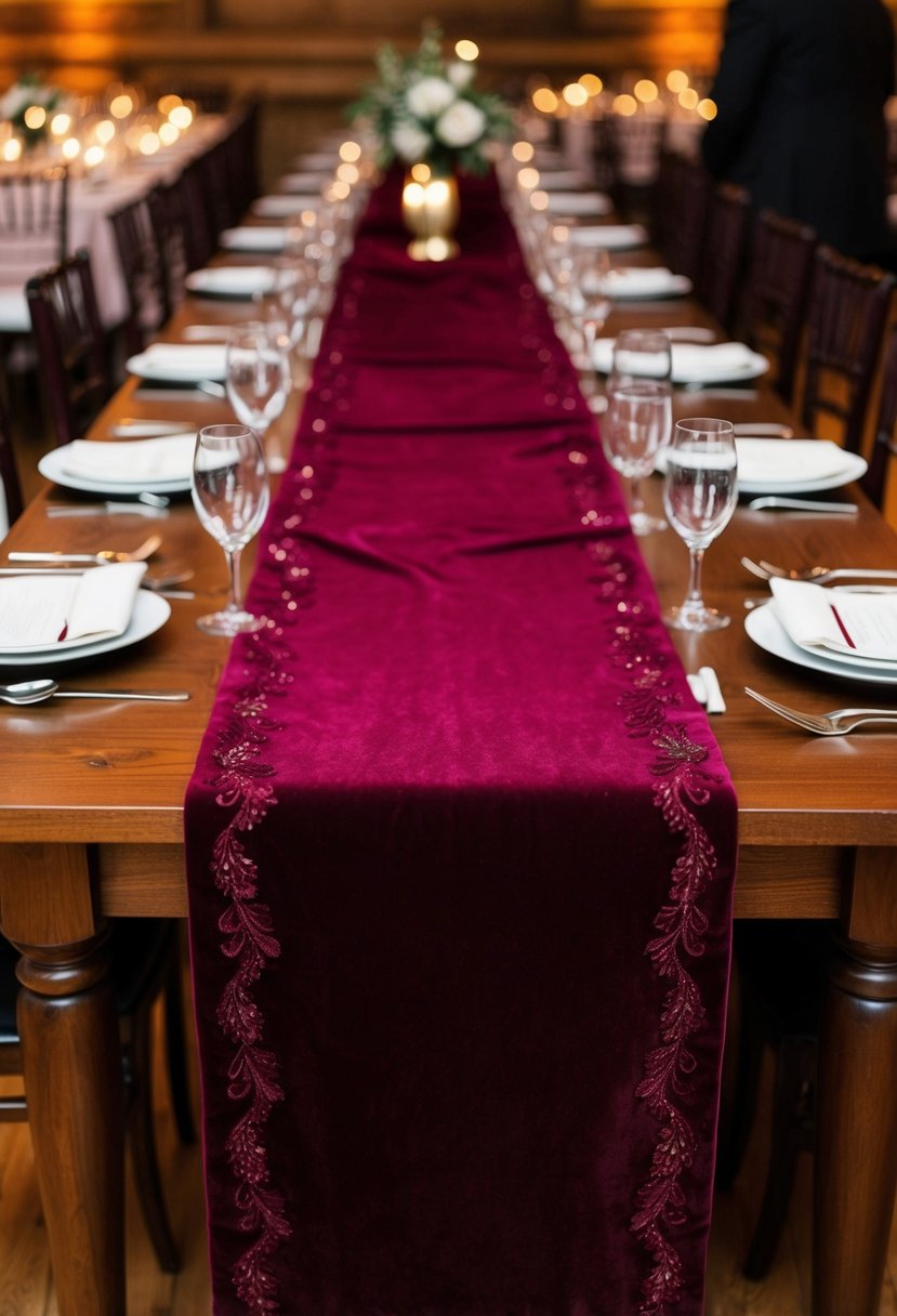 A long burgundy velvet table runner drapes elegantly across a wooden table, creating a luxurious and romantic atmosphere for a wedding reception