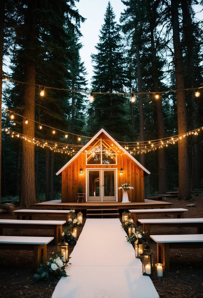 A cozy Airbnb cabin nestled in a forest clearing, with string lights and a makeshift altar for a budget-friendly wedding venue