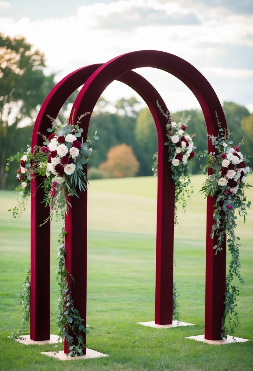 Burgundy wedding arches adorned with flowers and greenery