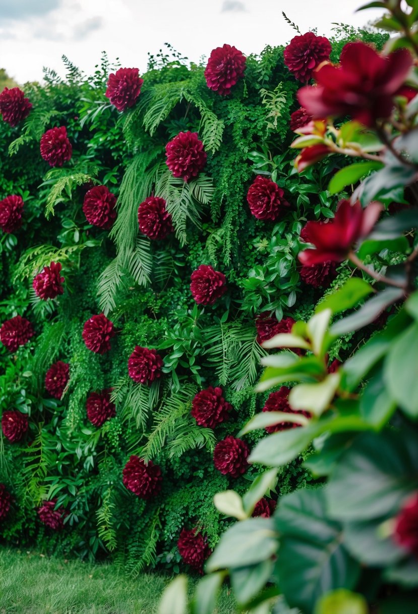 A lush greenery backdrop with pops of rich burgundy flowers and foliage