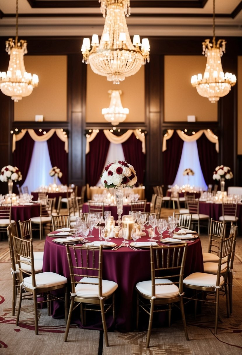 A grand banquet hall adorned with burgundy and champagne decor for a luxurious wedding celebration