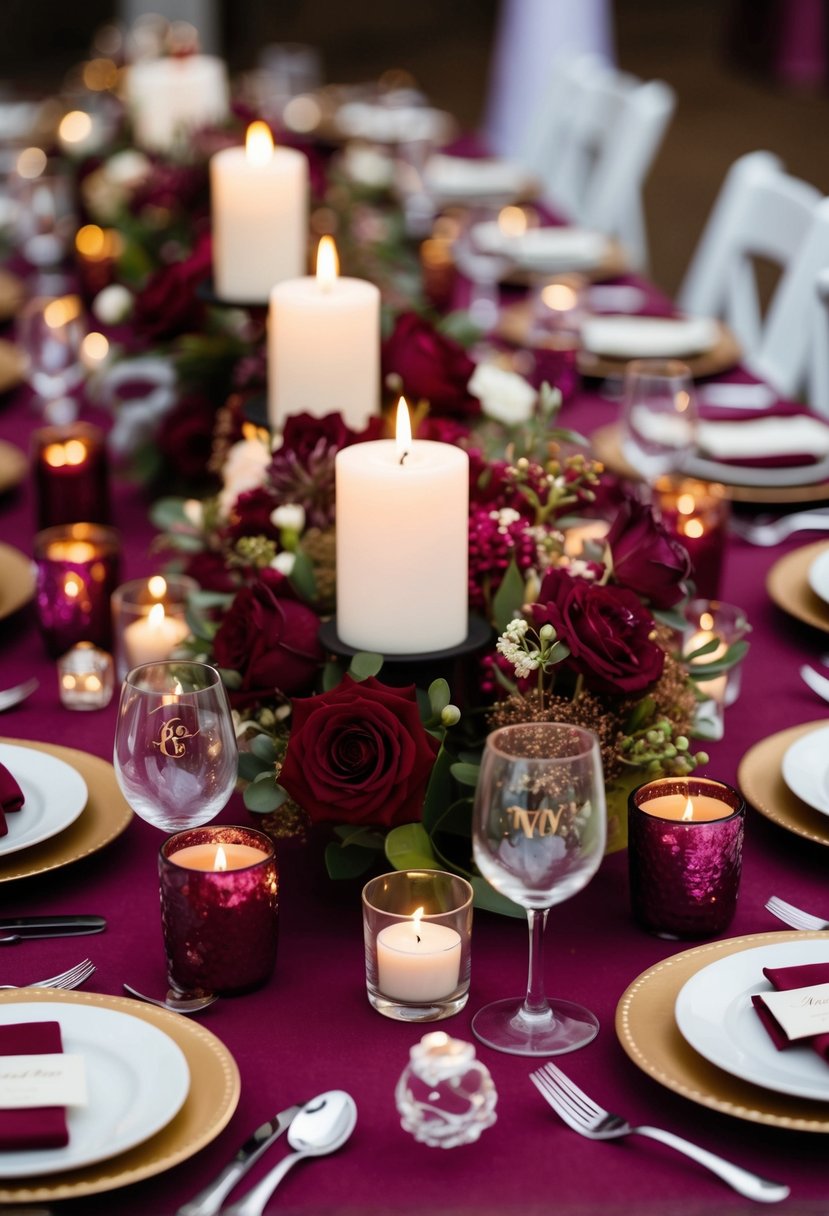 A table adorned with burgundy wedding favors and decor, including candles, flowers, and personalized trinkets