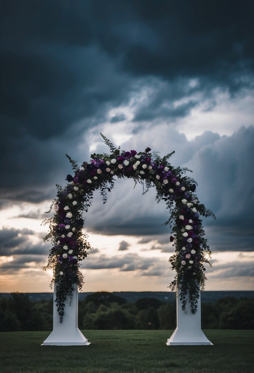 A grand, gothic-inspired wedding arch adorned with deep purple and black flowers, set against a backdrop of dramatic, darkened skies