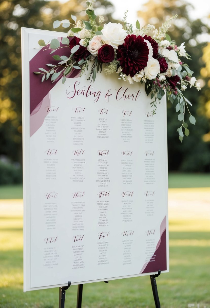 A wedding seating chart featuring burgundy and ivory colors, with elegant calligraphy and decorative accents