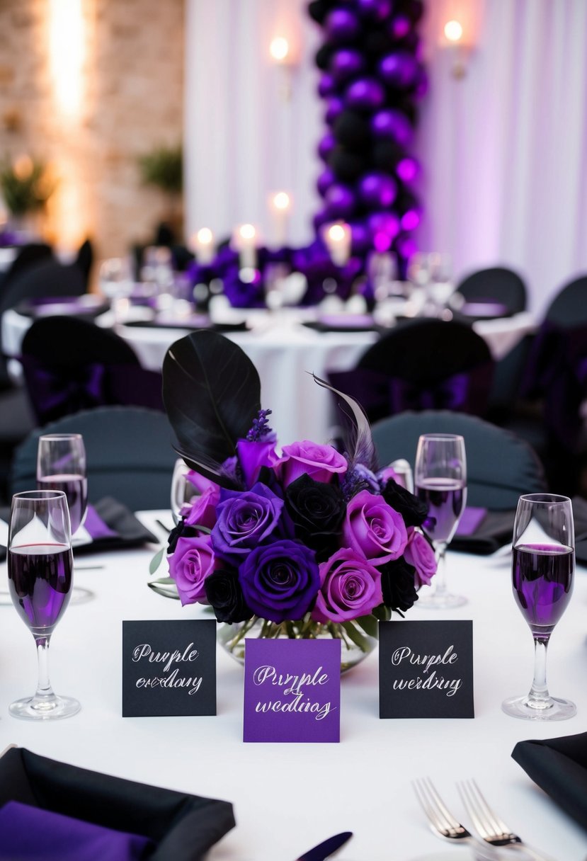 A table adorned with custom purple and black wedding favors, surrounded by elegant purple and black wedding decor