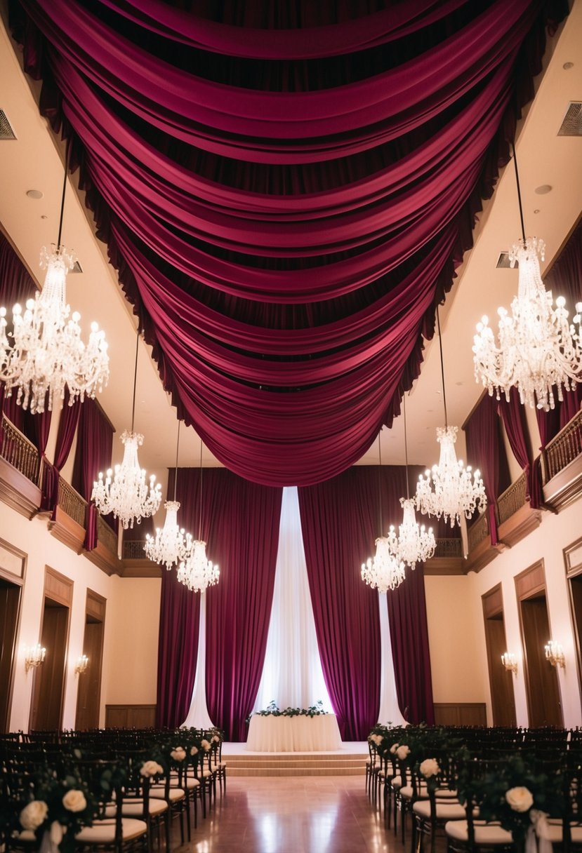 A grand ballroom filled with rich burgundy drapery cascading from the ceiling, creating an elegant and romantic setting for a wedding ceremony