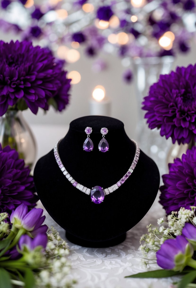 A sparkling amethyst necklace and earrings on a black velvet backdrop, surrounded by purple flowers and elegant wedding decor