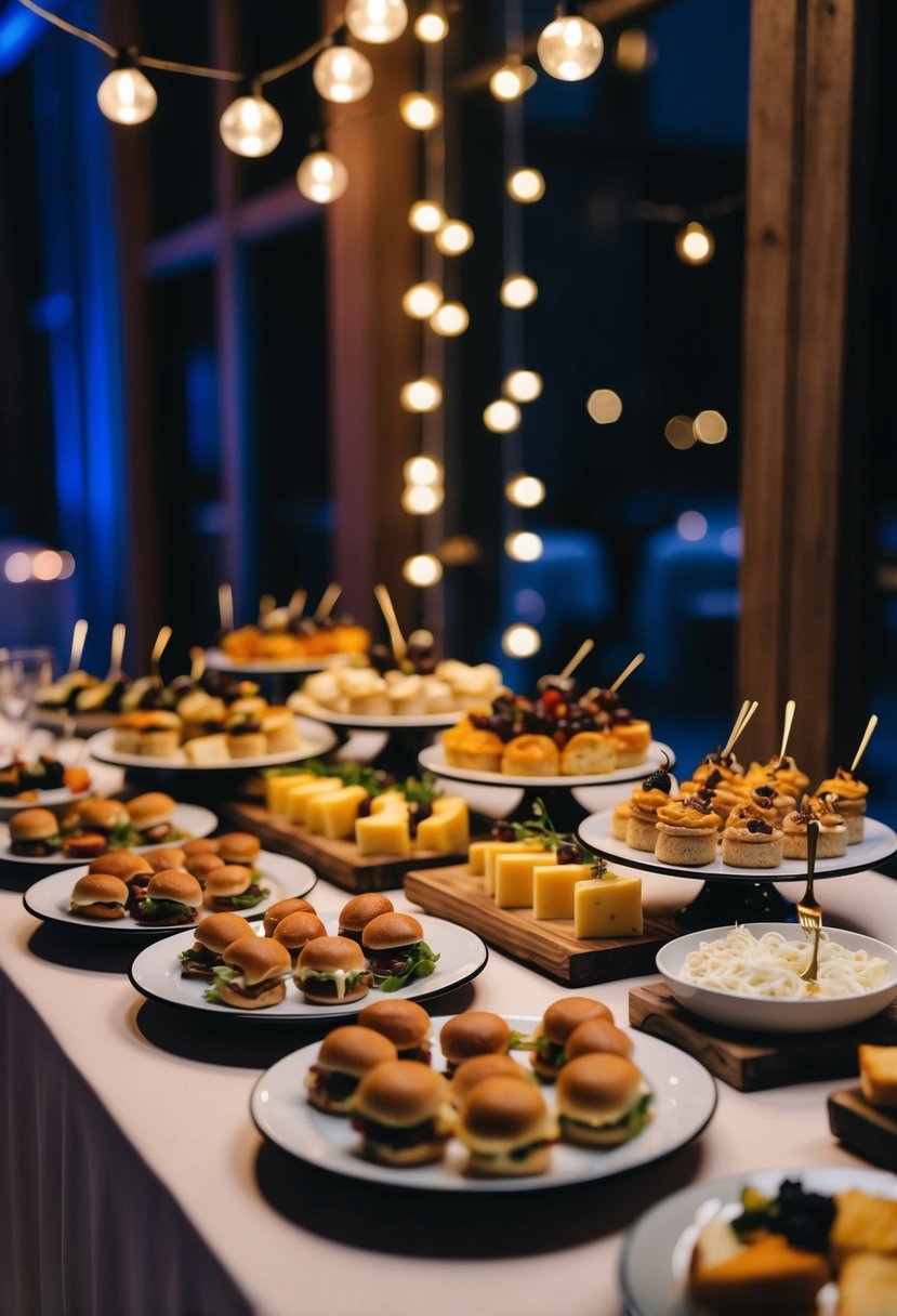 A table adorned with a variety of gourmet late-night snacks, such as mini sliders, cheese platters, and bite-sized desserts, is set up in a dimly lit corner of a wedding reception