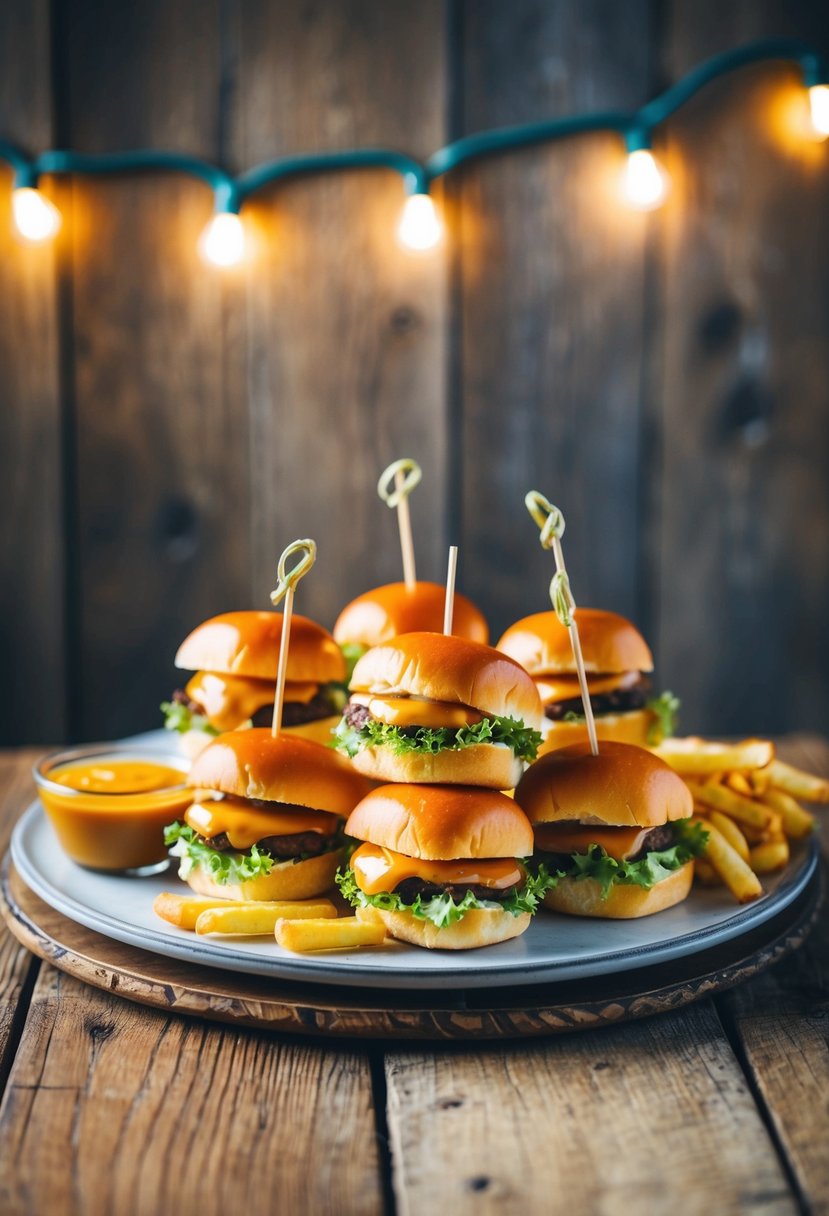 A platter of mini sliders, fries, and dipping sauces on a rustic wooden table with string lights overhead