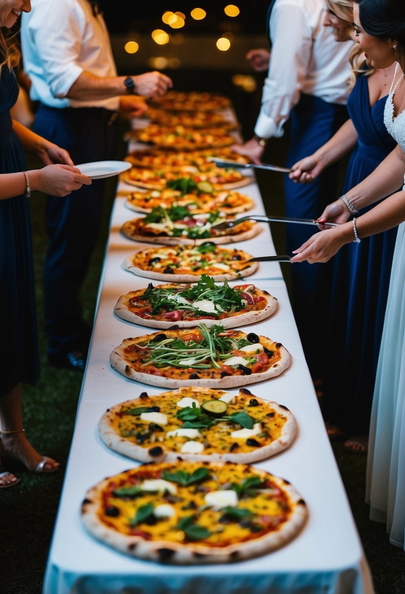 A table filled with colorful, individual-sized pizzas, topped with a variety of fresh ingredients, awaits hungry wedding guests in the late night hours