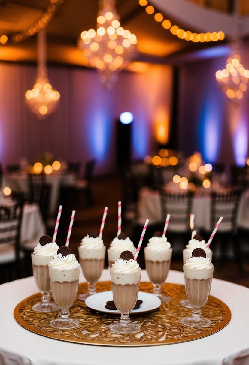 A festive wedding reception with mini cookie milkshakes served on a decorative table under warm, ambient lighting