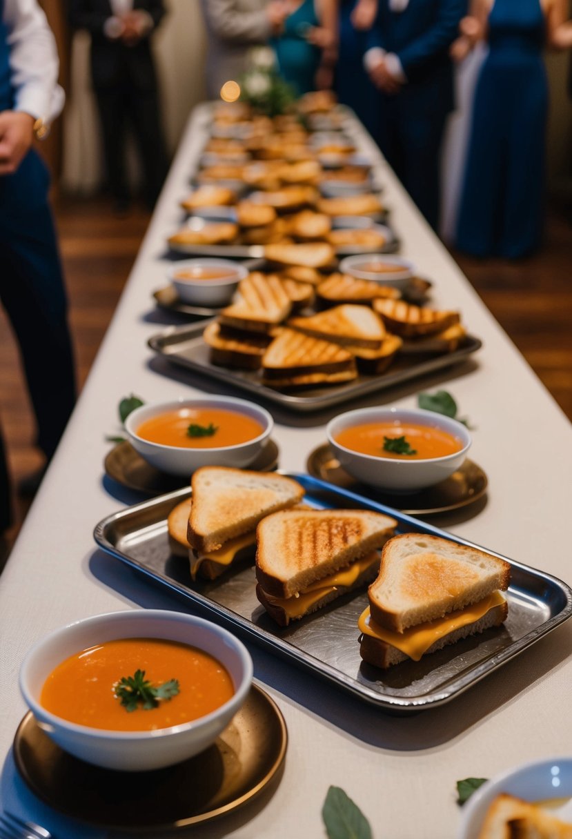 A cozy wedding reception with a table set up with trays of grilled cheese sandwiches and bowls of creamy tomato soup for guests to enjoy as a late night snack