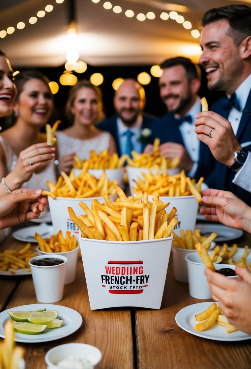 A table filled with French fry cups, surrounded by happy wedding guests enjoying a late-night snack