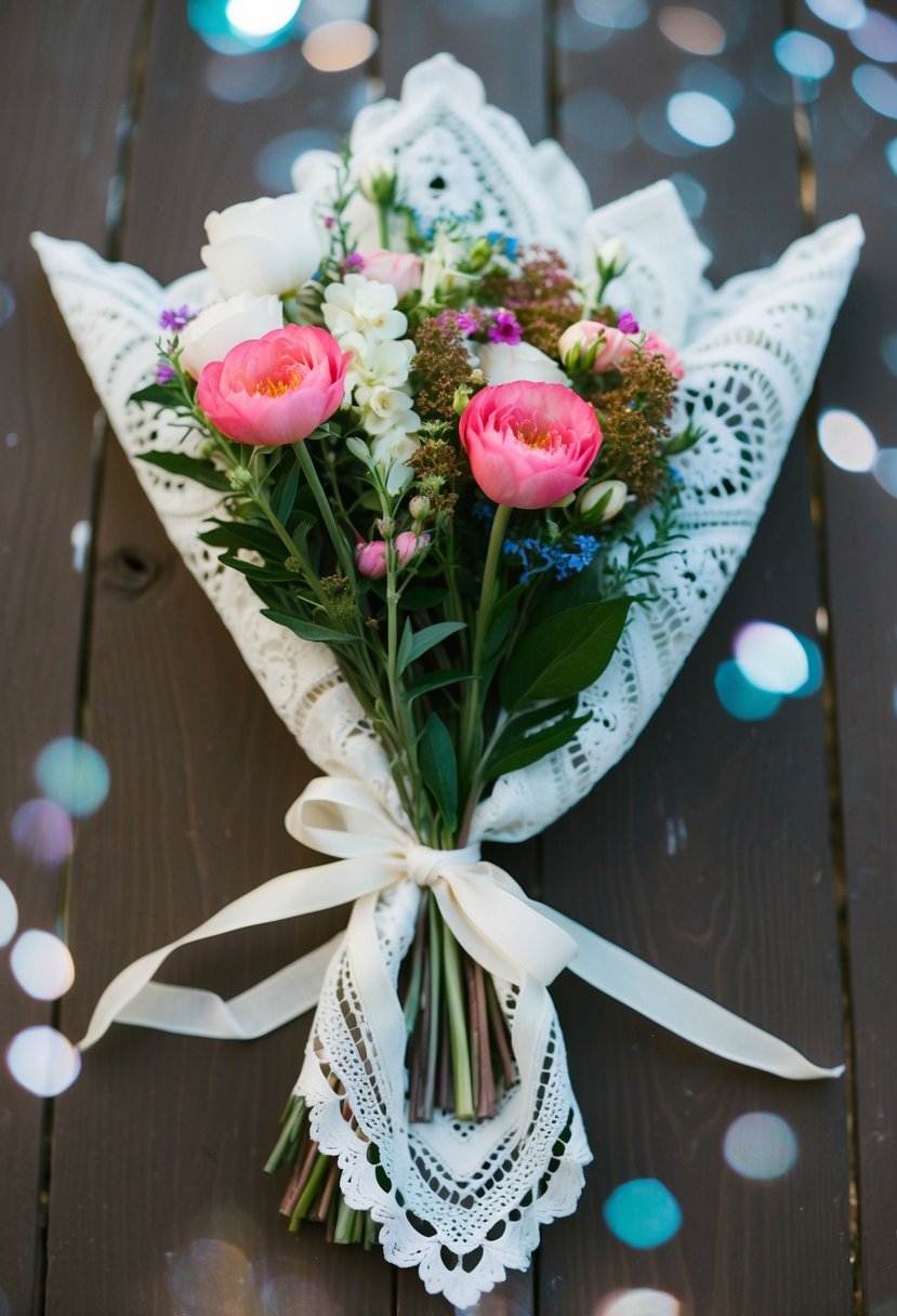 A vintage lace handkerchief tied around a bouquet of flowers