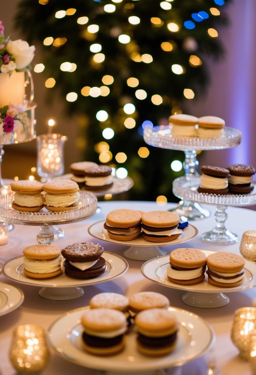 A festive wedding dessert table with a variety of ice cream sandwiches displayed on elegant platters, surrounded by twinkling lights and colorful decorations