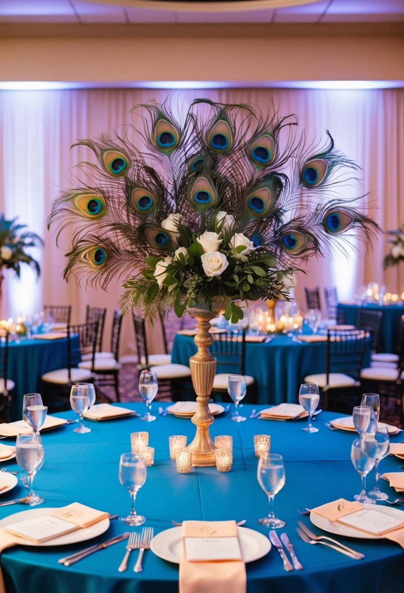 A peacock-themed wedding reception with elegant feathers, vibrant colors, and peacock-inspired decor