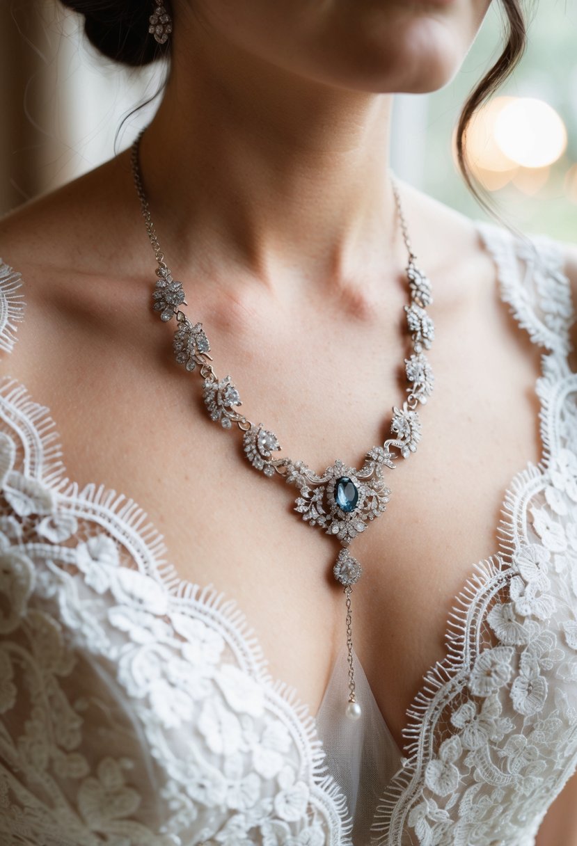 A delicate heirloom necklace draped over a lace wedding gown