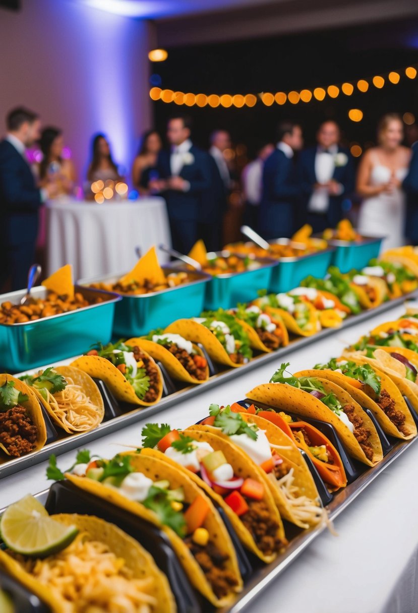 A festive wedding reception with a taco bar, featuring a variety of colorful and delicious tacos laid out on a table for guests to enjoy as a late-night snack