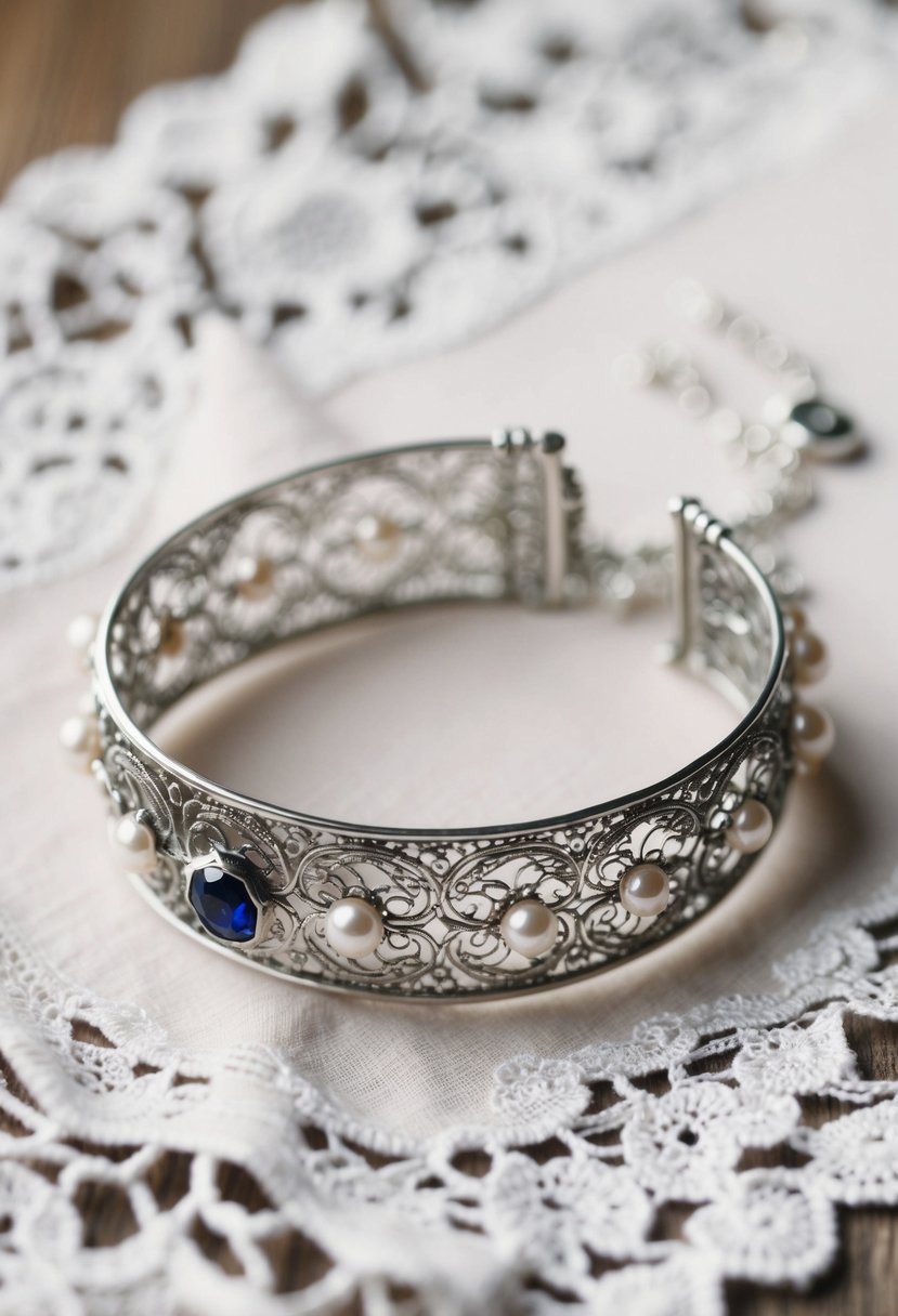 A delicate, silver bracelet with intricate filigree details, adorned with small pearls and a single sapphire, resting on a lace handkerchief