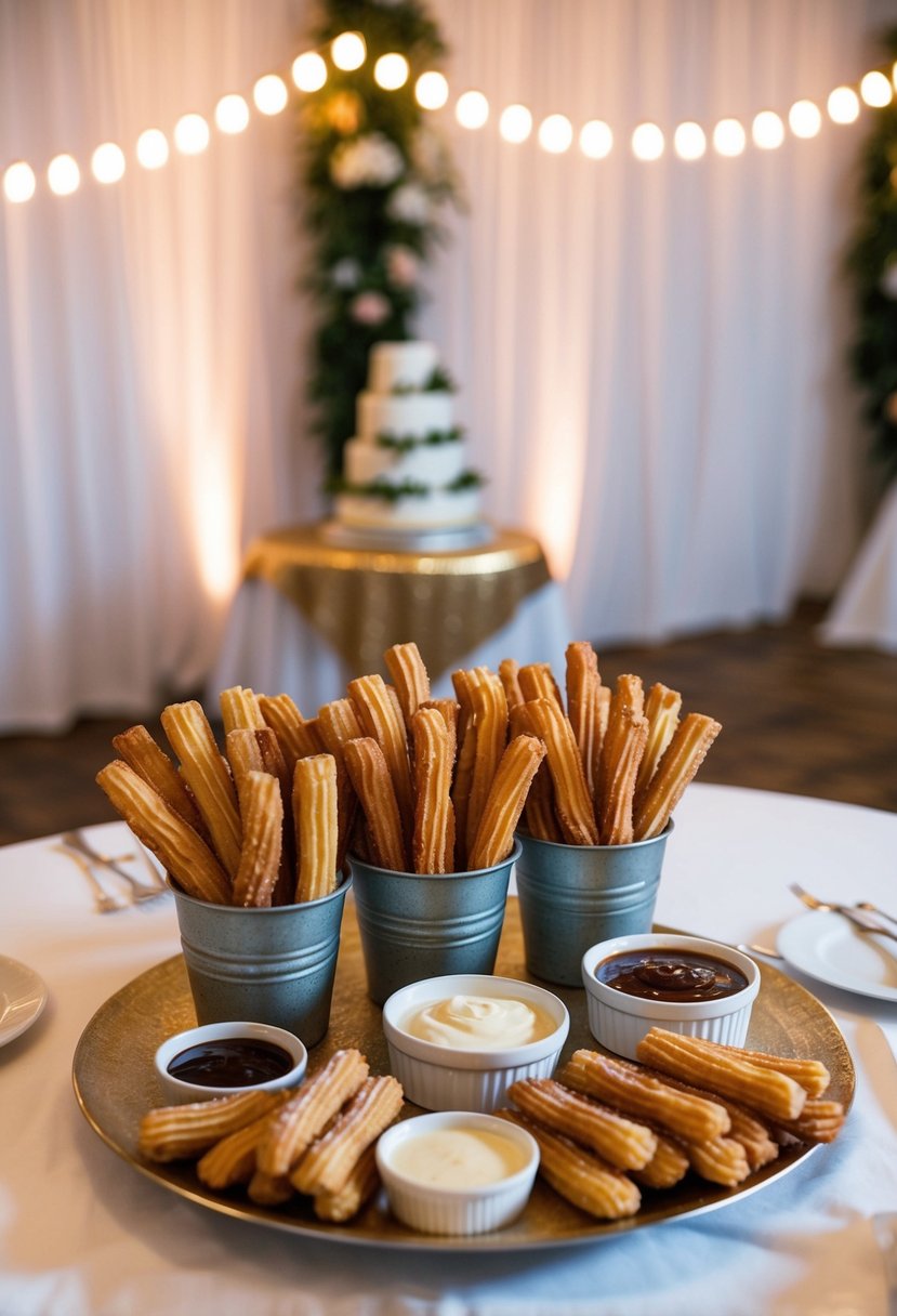 A festive wedding reception with a Churro Bar set up, featuring an array of freshly made churros and a variety of dipping sauces