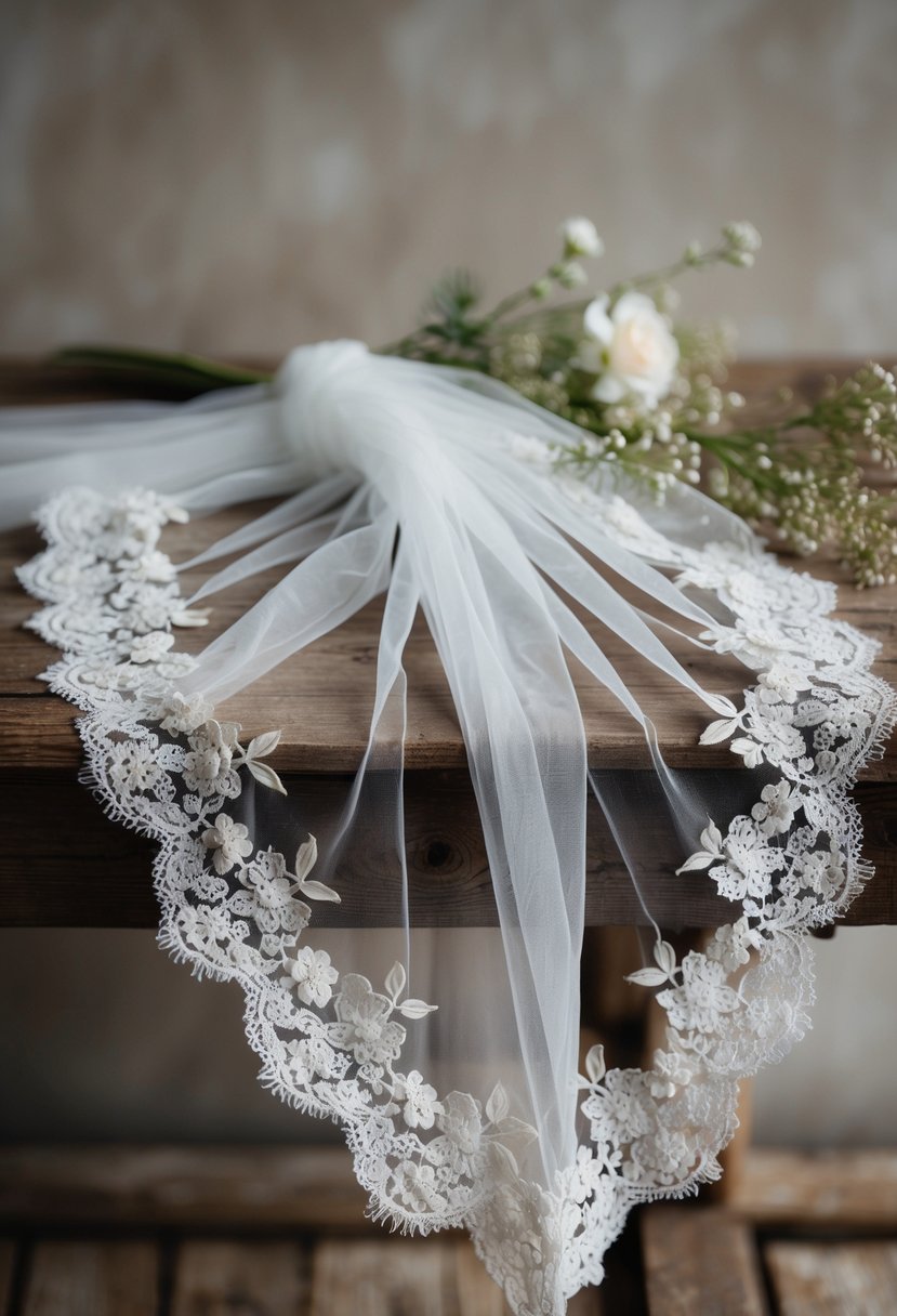 A vintage lace veil draped over a rustic wooden table with delicate flowers intertwined in the fabric