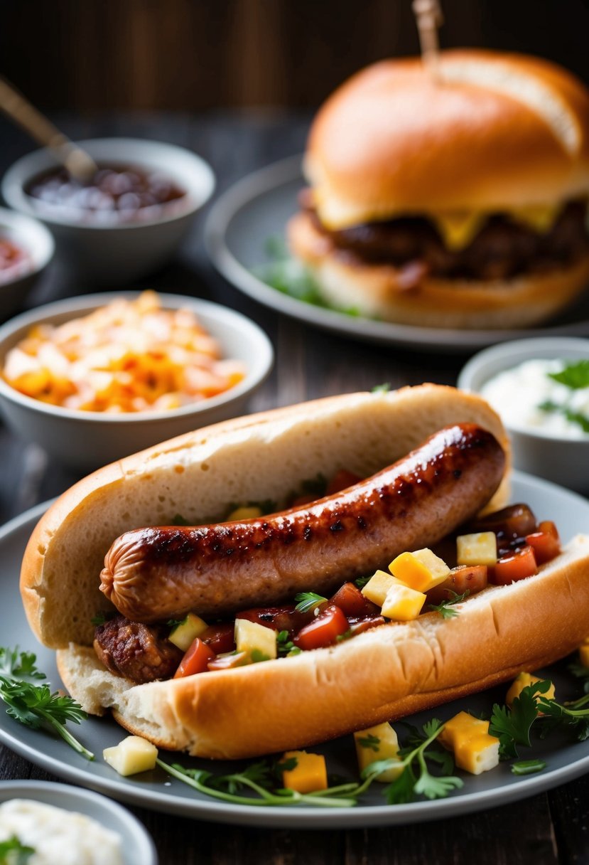 A sizzling sausage nestled in a warm bun, surrounded by a spread of condiments and toppings, ready to be devoured as a late-night wedding snack