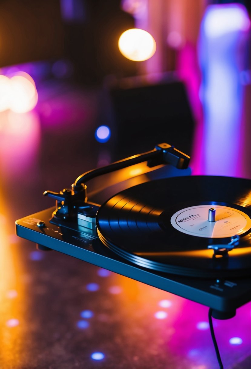 A vintage record player with a borrowed vinyl spinning, casting a warm glow on the dance floor