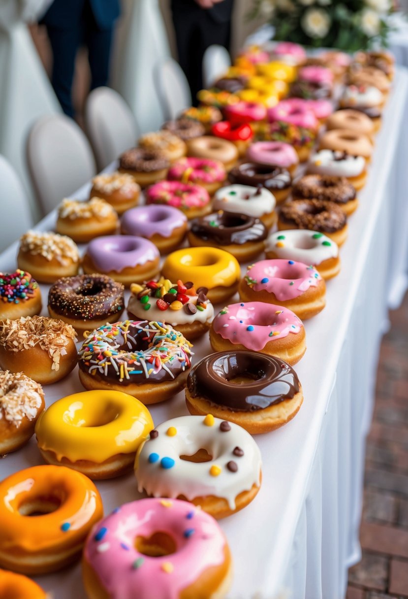 A table lined with a variety of gourmet donuts, adorned with colorful glazes and toppings, set up as a late-night snack station at a wedding reception